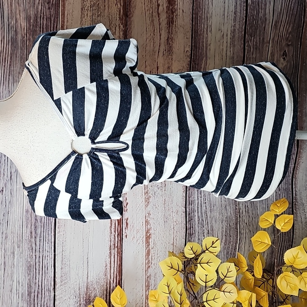AGENDA BLUE & WHITE STRIPED BOTANICAL SILVER FOIL CUTOUT BACK PULLOVER TEE - Picture 6 of 13